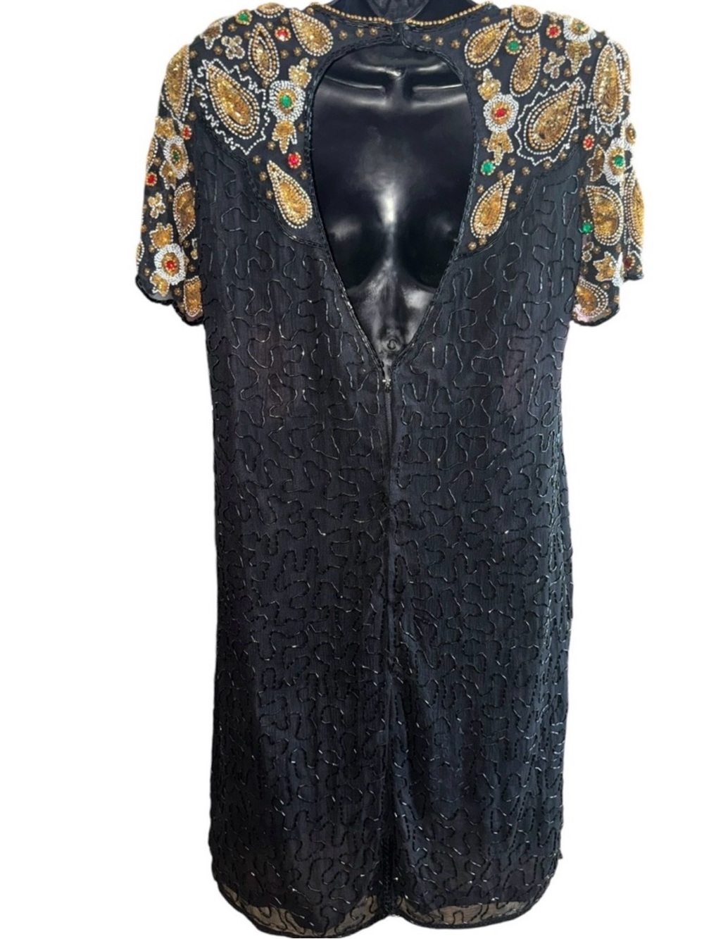 Vintage Sweelo Silk Beaded Sequin Cocktail Party Dress Black Gold Large - Picture 4 of 8